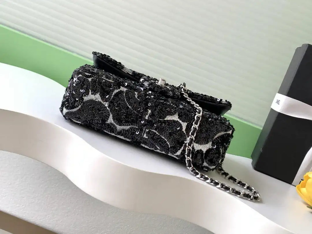 Chanel 25K Evening Sequined camellia black and white mini AS4561 Lambskin Bag