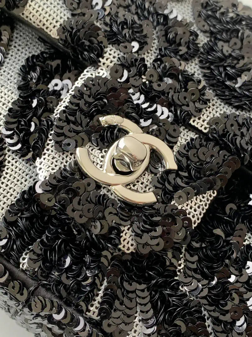Chanel 25K Evening Sequined camellia black and white mini AS4561 Lambskin Bag