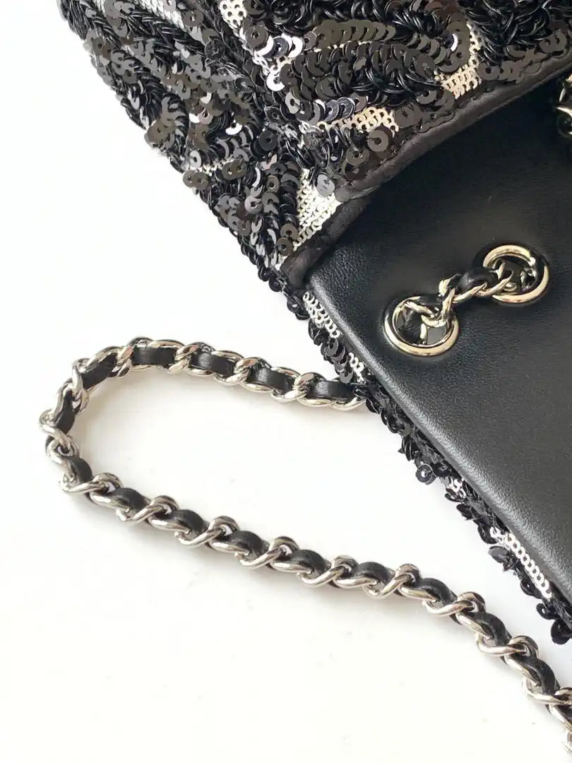 Chanel 25K Evening Sequined camellia black and white mini AS4561 Lambskin Bag