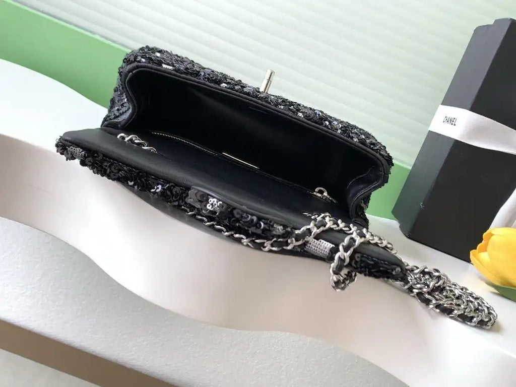 Chanel 25K Evening Sequined camellia black and white mini AS4561 Lambskin Bag