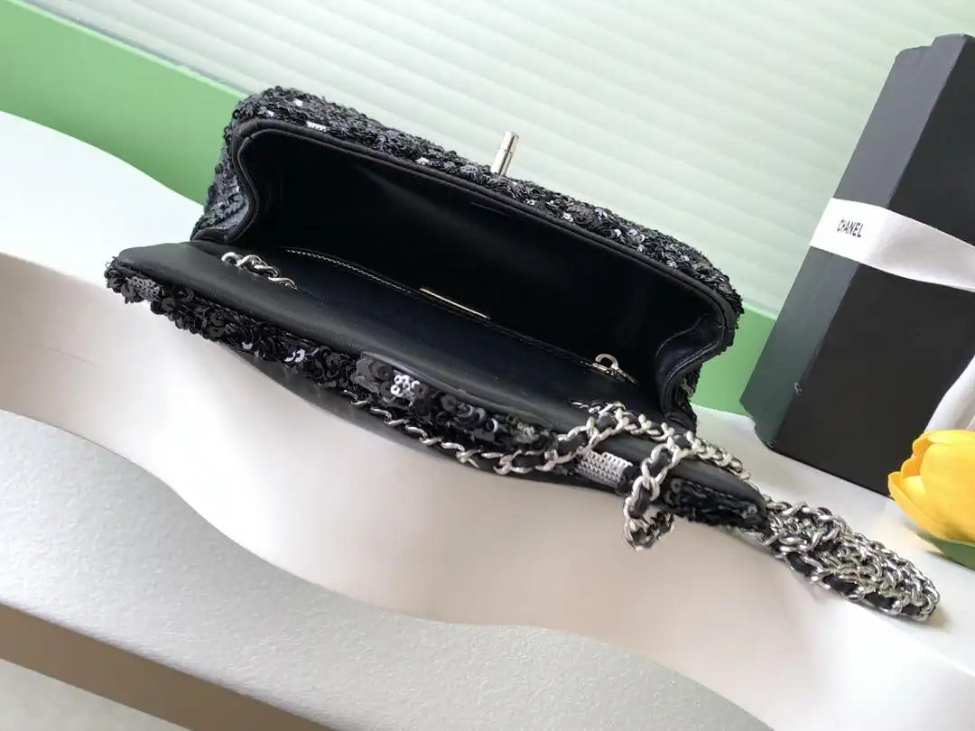 Chanel 25K Evening Sequined camellia black and white mini AS4561 Lambskin Bag