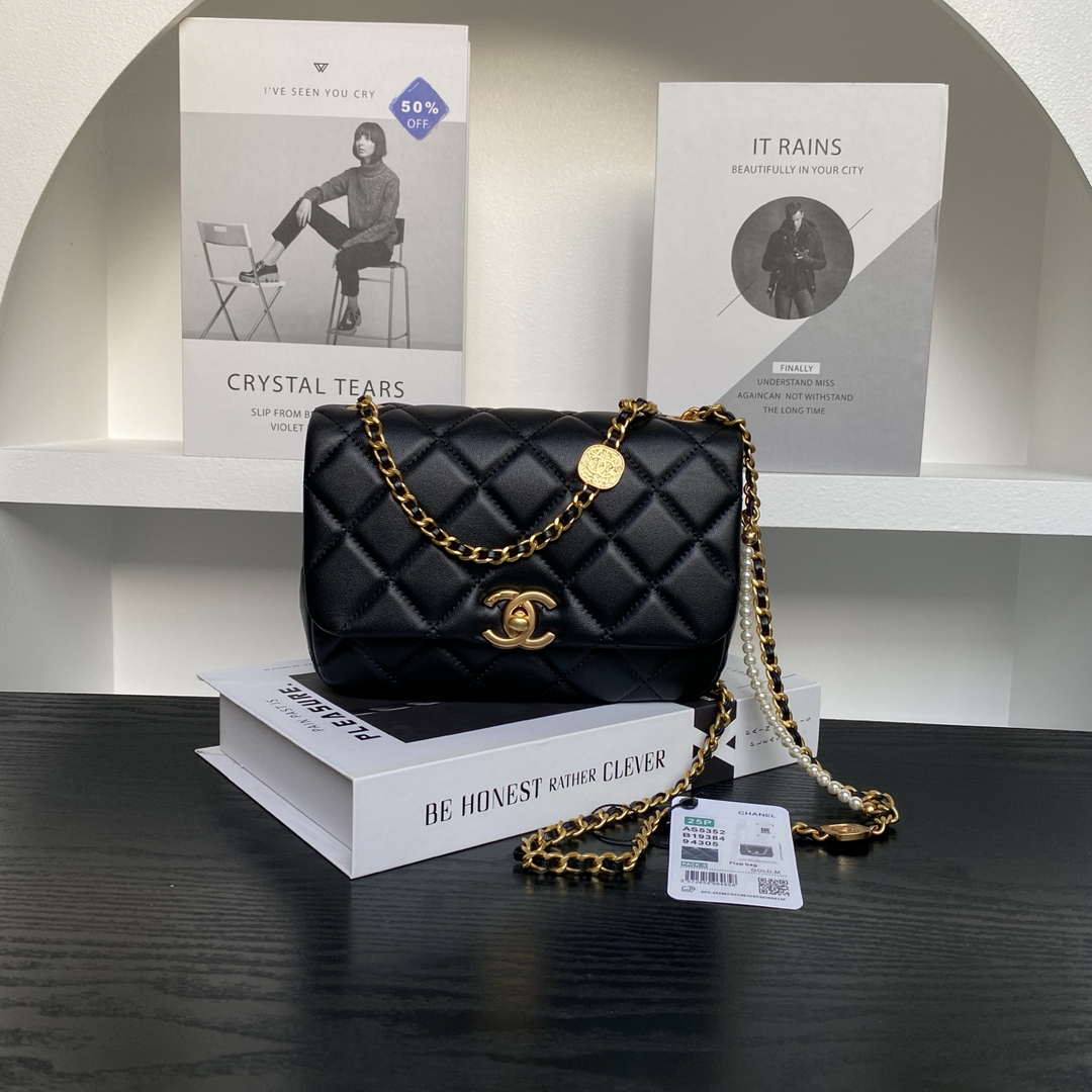 Chanel 25P AS5352  Mini Flap Bag Shiny Lambskin  Imitation Pearls & Gold-Tone Metal Black