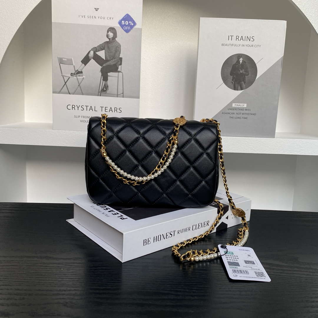 Chanel 25P AS5352  Mini Flap Bag Shiny Lambskin  Imitation Pearls & Gold-Tone Metal Black