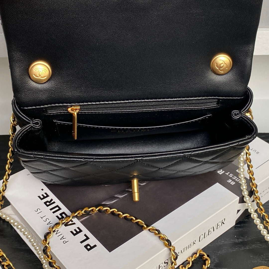 Chanel 25P AS5352  Mini Flap Bag Shiny Lambskin  Imitation Pearls & Gold-Tone Metal Black