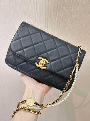 Chanel 25P AS5352  Mini Flap Bag Shiny Lambskin  Imitation Pearls & Gold-Tone Metal Black - Default Title - View 1