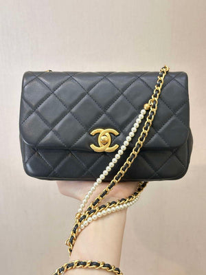 Chanel 25P AS5352  Mini Flap Bag Shiny Lambskin  Imitation Pearls & Gold-Tone Metal Black - Default Title - View 12
