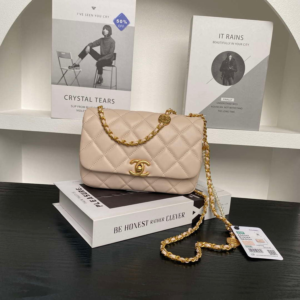 Chanel 25P AS5352  Mini Flap Bag Shiny Lambskin  Imitation Pearls & Gold-Tone Metal Apricot