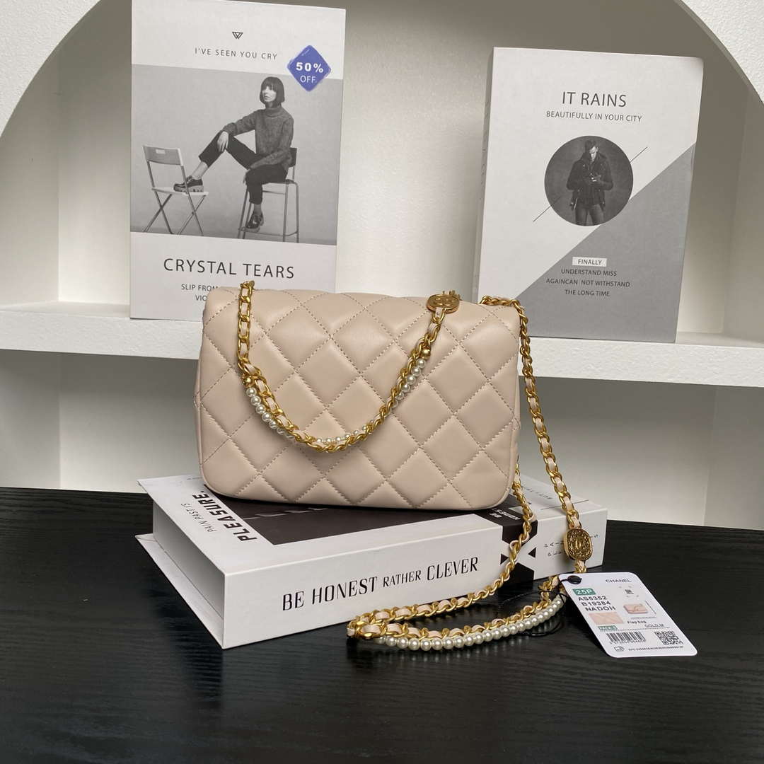 Chanel 25P AS5352  Mini Flap Bag Shiny Lambskin  Imitation Pearls & Gold-Tone Metal Apricot