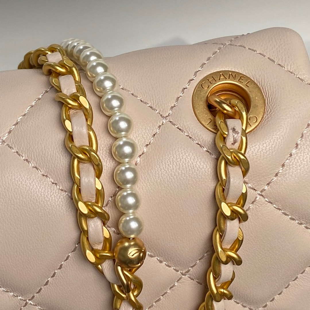 Chanel 25P AS5352  Mini Flap Bag Shiny Lambskin  Imitation Pearls & Gold-Tone Metal Apricot