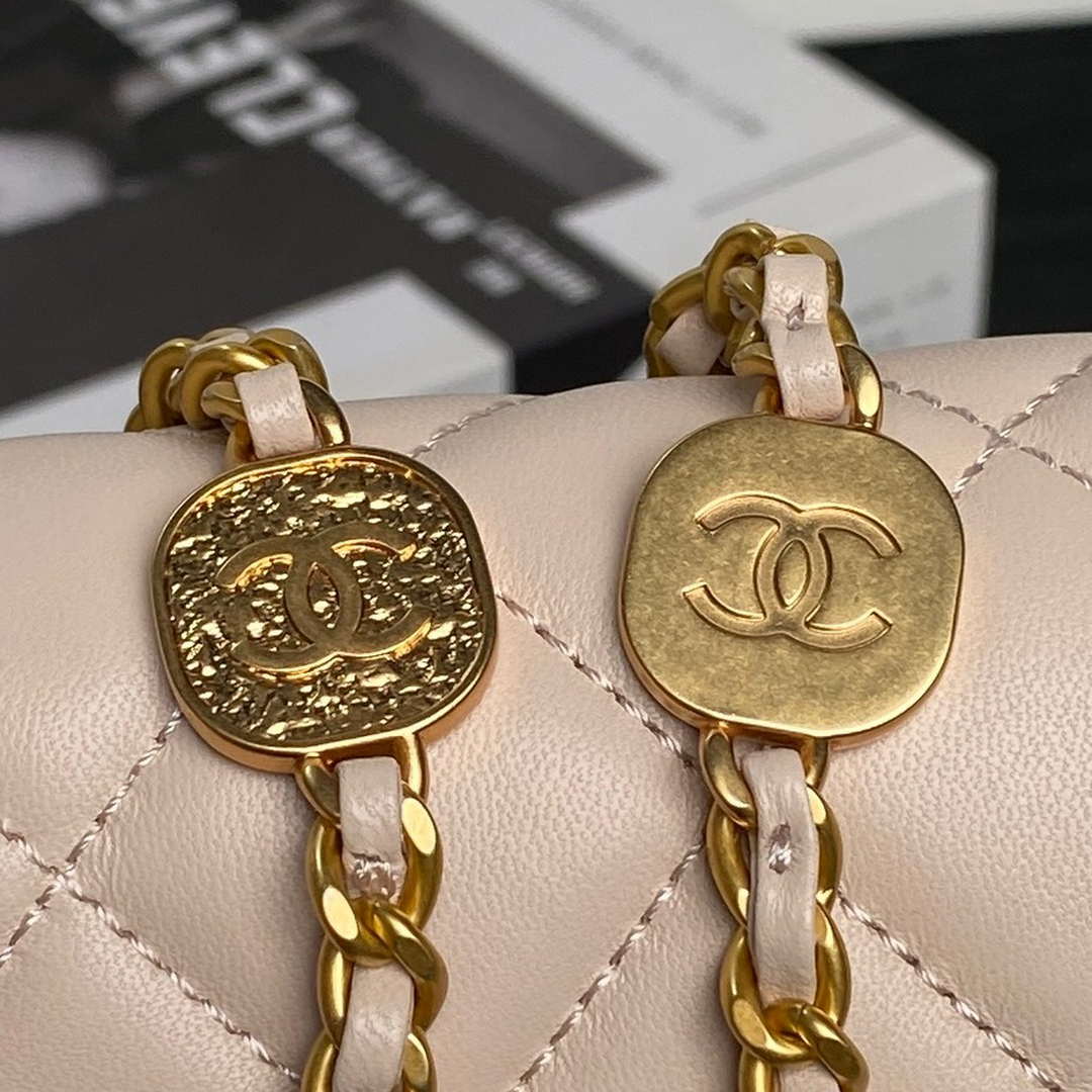 Chanel 25P AS5352  Mini Flap Bag Shiny Lambskin  Imitation Pearls & Gold-Tone Metal Apricot - Default Title - View 5