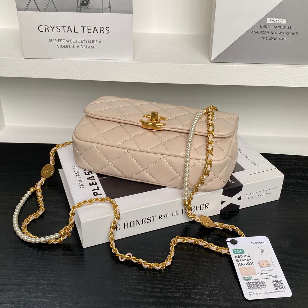 Chanel 25P AS5352  Mini Flap Bag Shiny Lambskin  Imitation Pearls & Gold-Tone Metal Apricot - Default Title - View 7