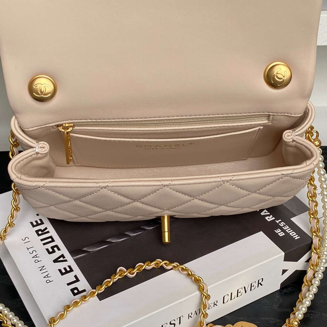 Chanel 25P AS5352  Mini Flap Bag Shiny Lambskin  Imitation Pearls & Gold-Tone Metal Apricot - Default Title - View 8