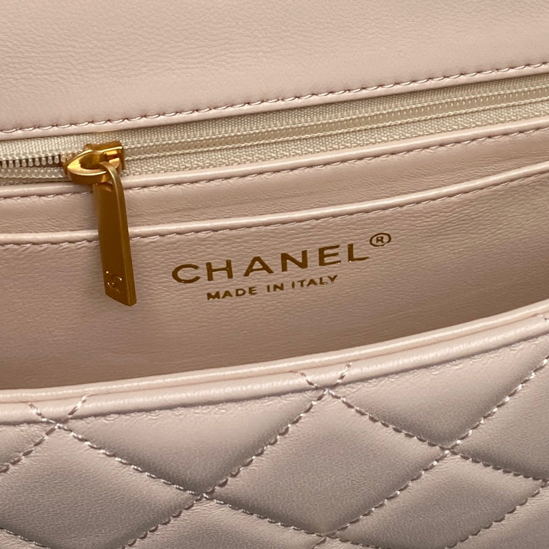 Chanel 25P AS5352  Mini Flap Bag Shiny Lambskin  Imitation Pearls & Gold-Tone Metal Apricot