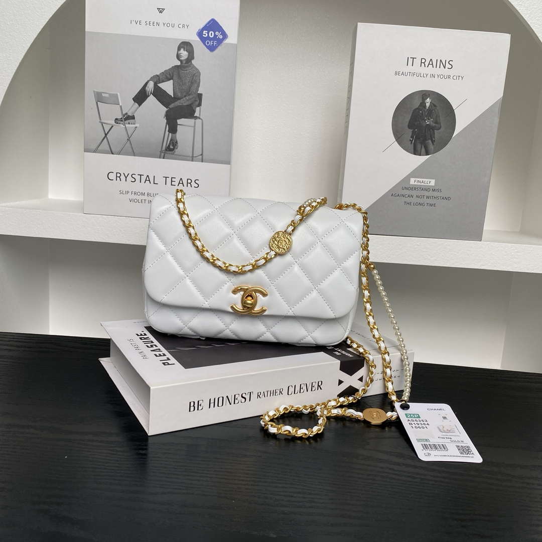 Chanel 25P AS5352  Mini Flap Bag Shiny Lambskin  Imitation Pearls & Gold-Tone Metal White - Default Title - View 1