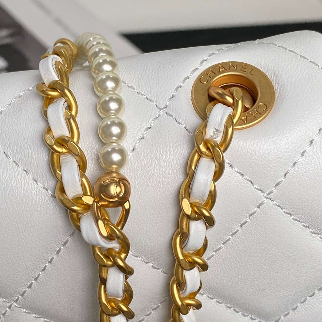 Chanel 25P AS5352  Mini Flap Bag Shiny Lambskin  Imitation Pearls & Gold-Tone Metal White - Default Title - View 4