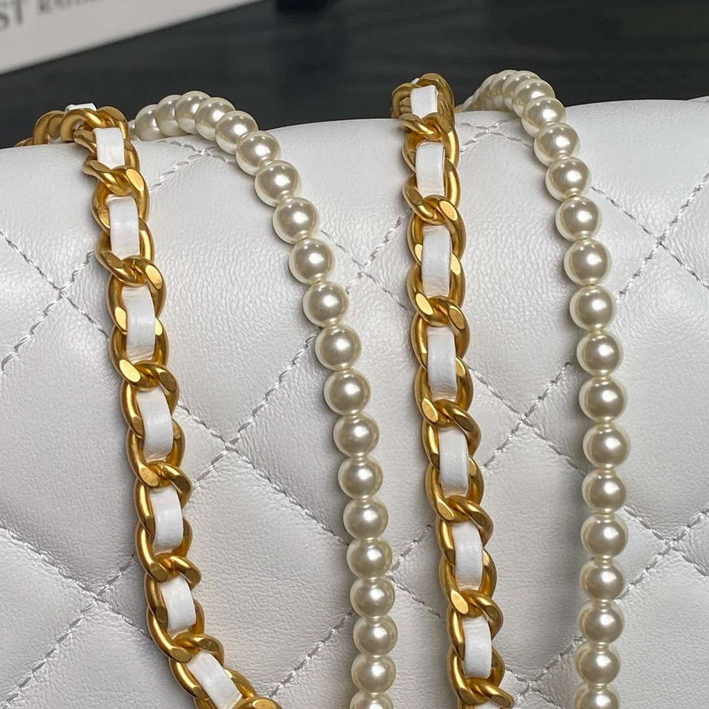 Chanel 25P AS5352  Mini Flap Bag Shiny Lambskin  Imitation Pearls & Gold-Tone Metal White