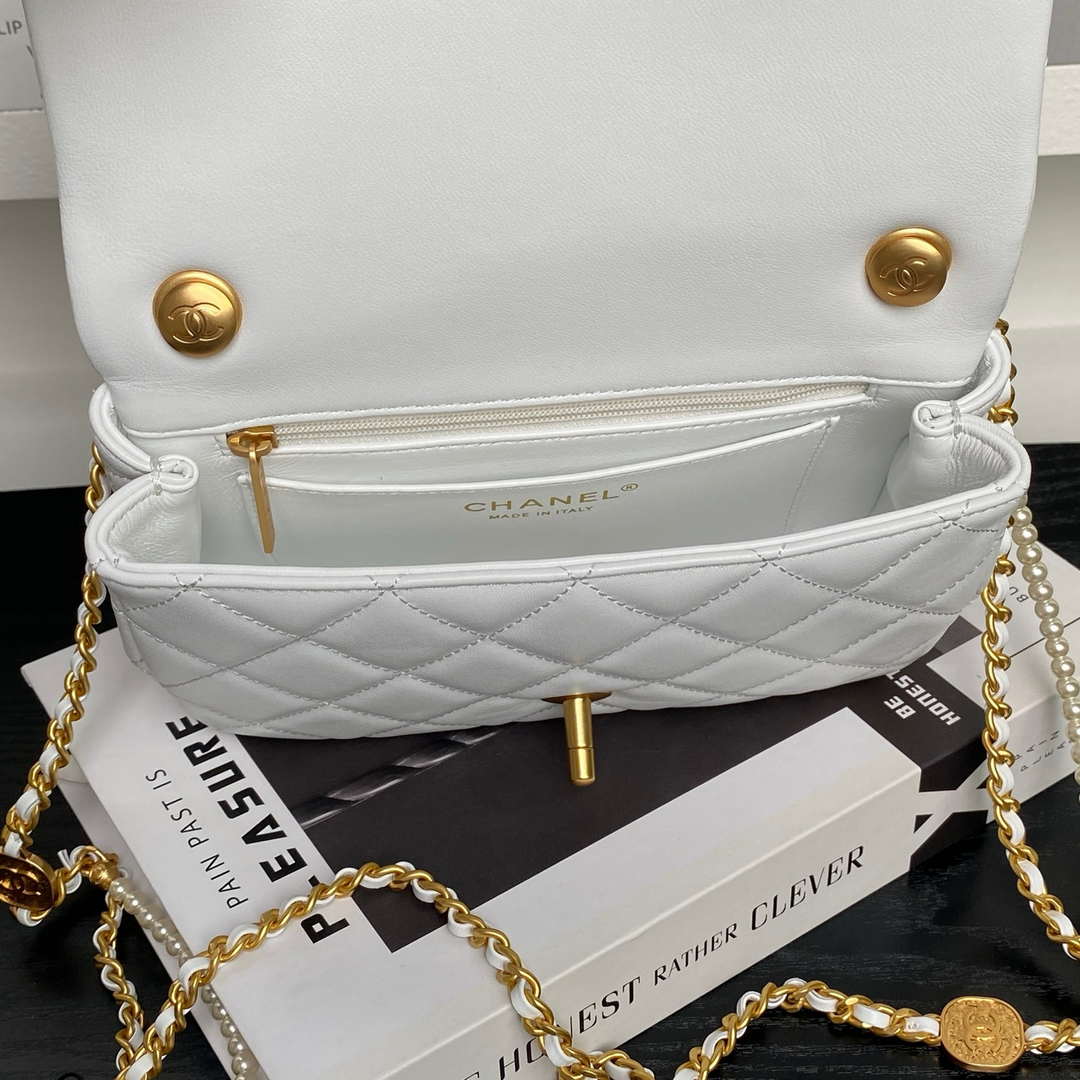 Chanel 25P AS5352  Mini Flap Bag Shiny Lambskin  Imitation Pearls & Gold-Tone Metal White