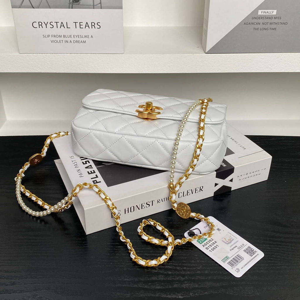 Chanel 25P AS5352  Mini Flap Bag Shiny Lambskin  Imitation Pearls & Gold-Tone Metal White