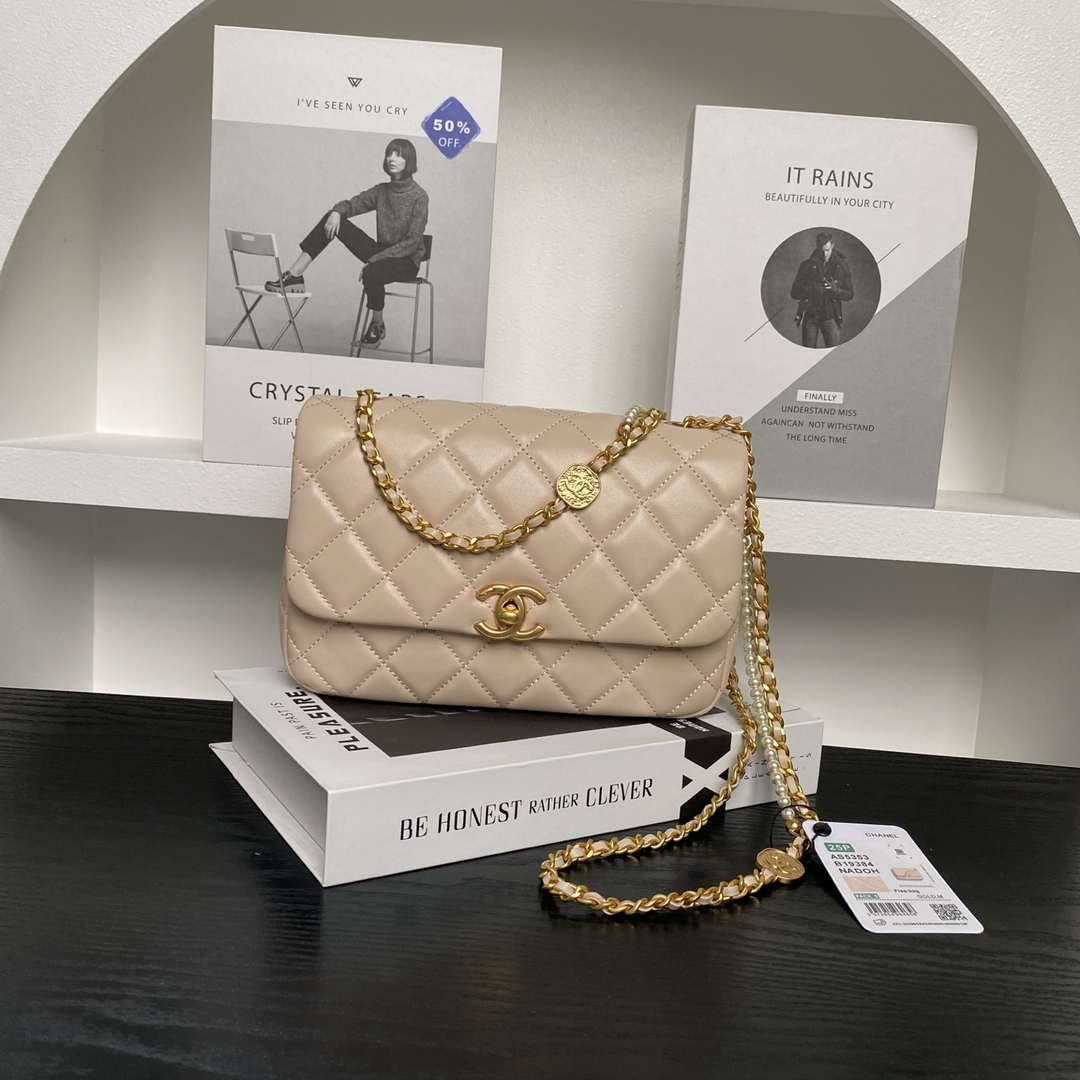 Chanel 25P AS5353 Flap Bag Shiny Lambskin  Imitation Pearls & Gold-Tone Metal Apricot - Default Title - View 1