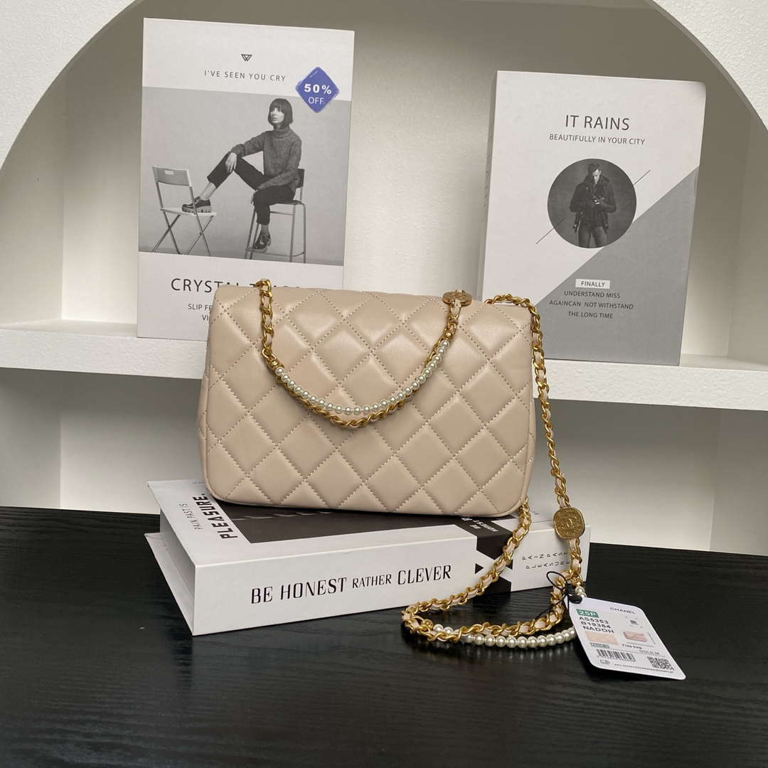 Chanel 25P AS5353 Flap Bag Shiny Lambskin  Imitation Pearls & Gold-Tone Metal Apricot