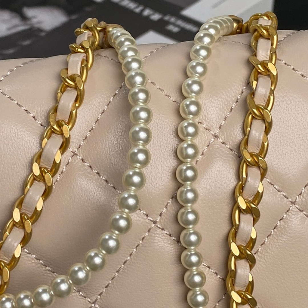 Chanel 25P AS5353 Flap Bag Shiny Lambskin  Imitation Pearls & Gold-Tone Metal Apricot