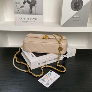Chanel 25P AS5353 Flap Bag Shiny Lambskin  Imitation Pearls & Gold-Tone Metal Apricot - Default Title - View 7