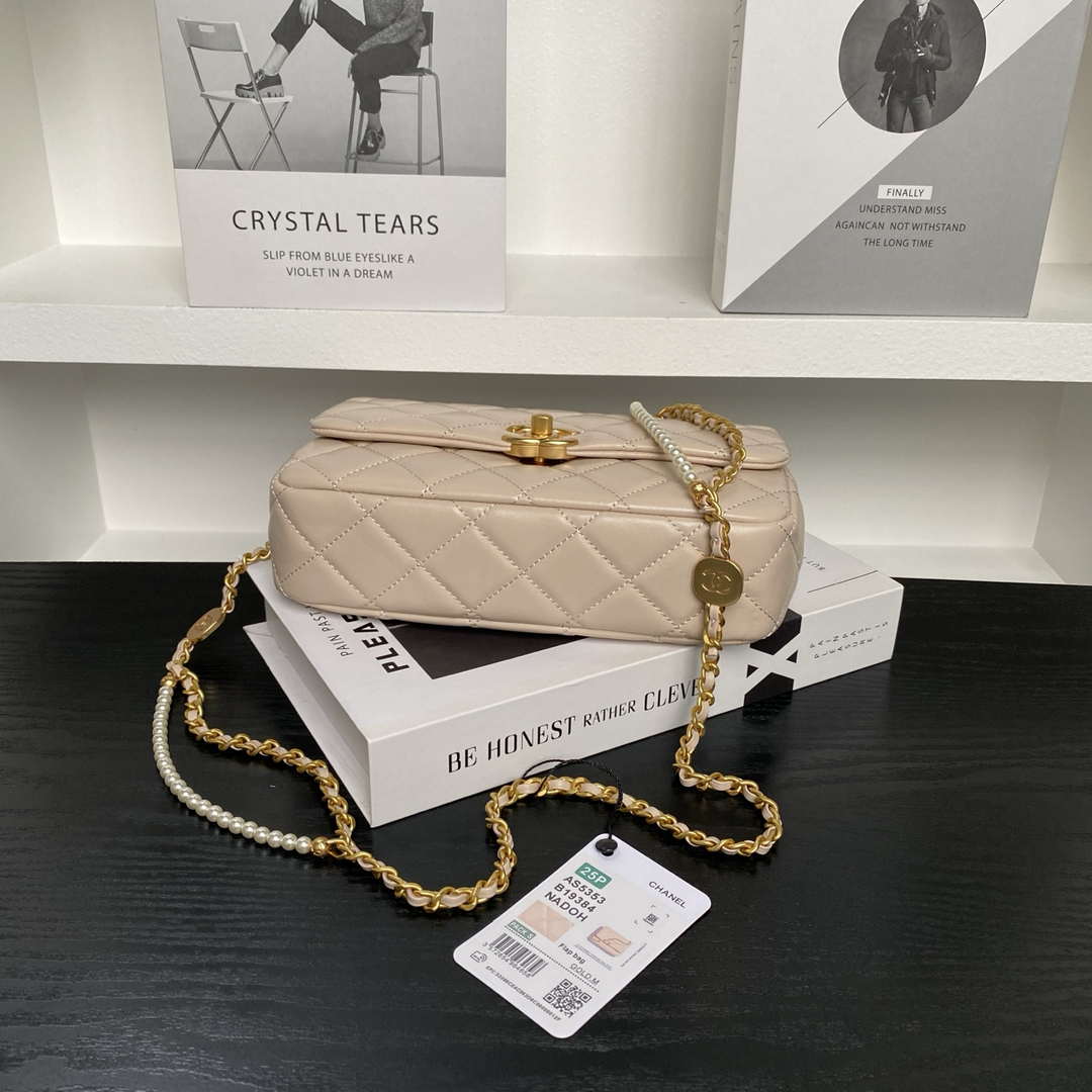 Chanel 25P AS5353 Flap Bag Shiny Lambskin  Imitation Pearls & Gold-Tone Metal Apricot
