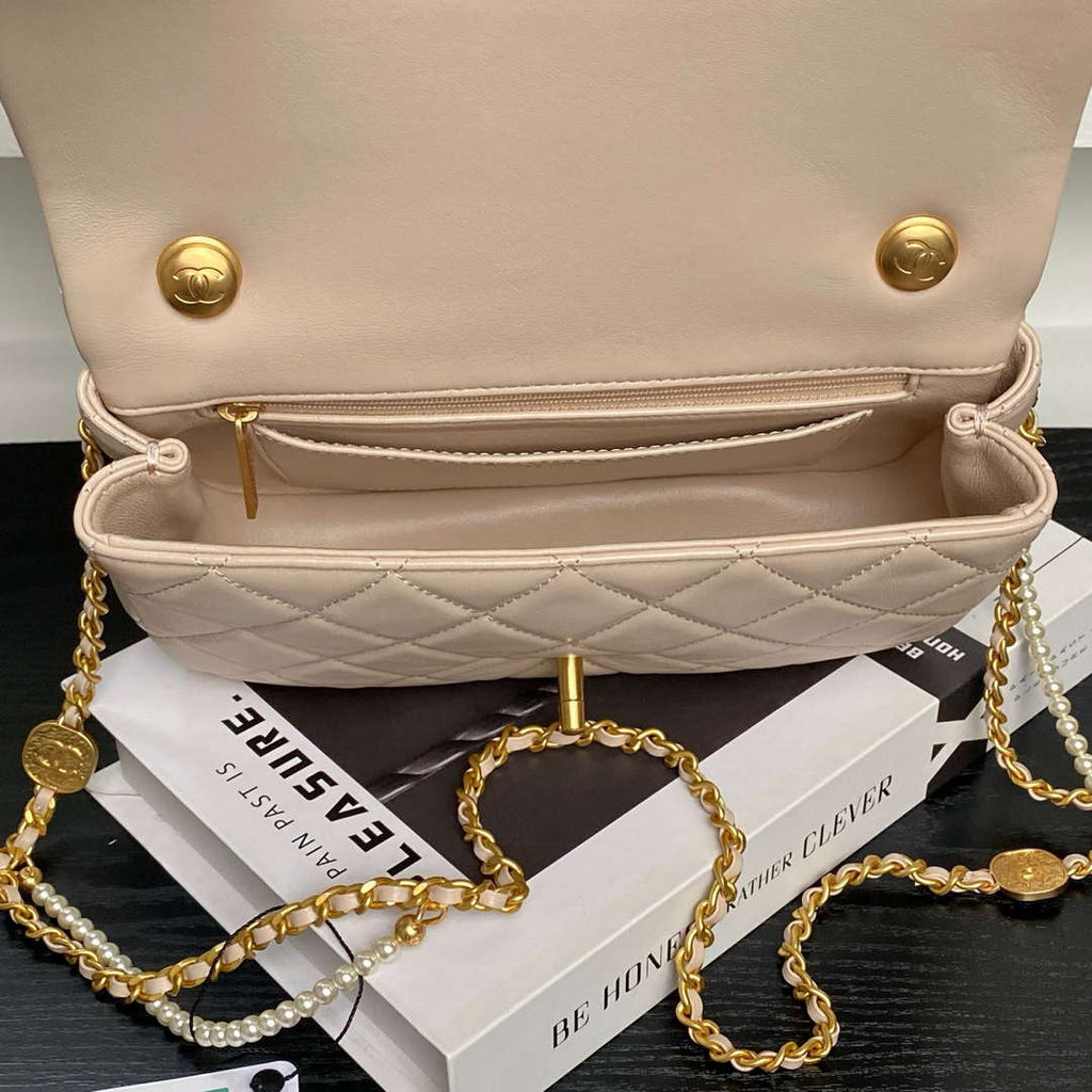 Chanel 25P AS5353 Flap Bag Shiny Lambskin  Imitation Pearls & Gold-Tone Metal Apricot