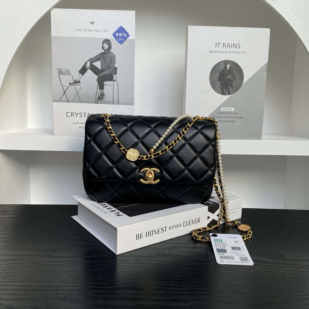 Chanel 25P AS5353 Flap Bag Shiny Lambskin  Imitation Pearls & Gold-Tone Metal Black - Default Title - View 1