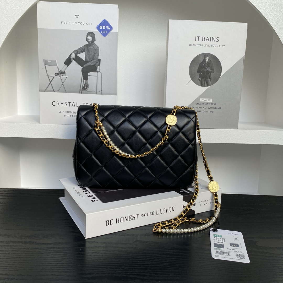 Chanel 25P AS5353 Flap Bag Shiny Lambskin  Imitation Pearls & Gold-Tone Metal Black - Default Title - View 2
