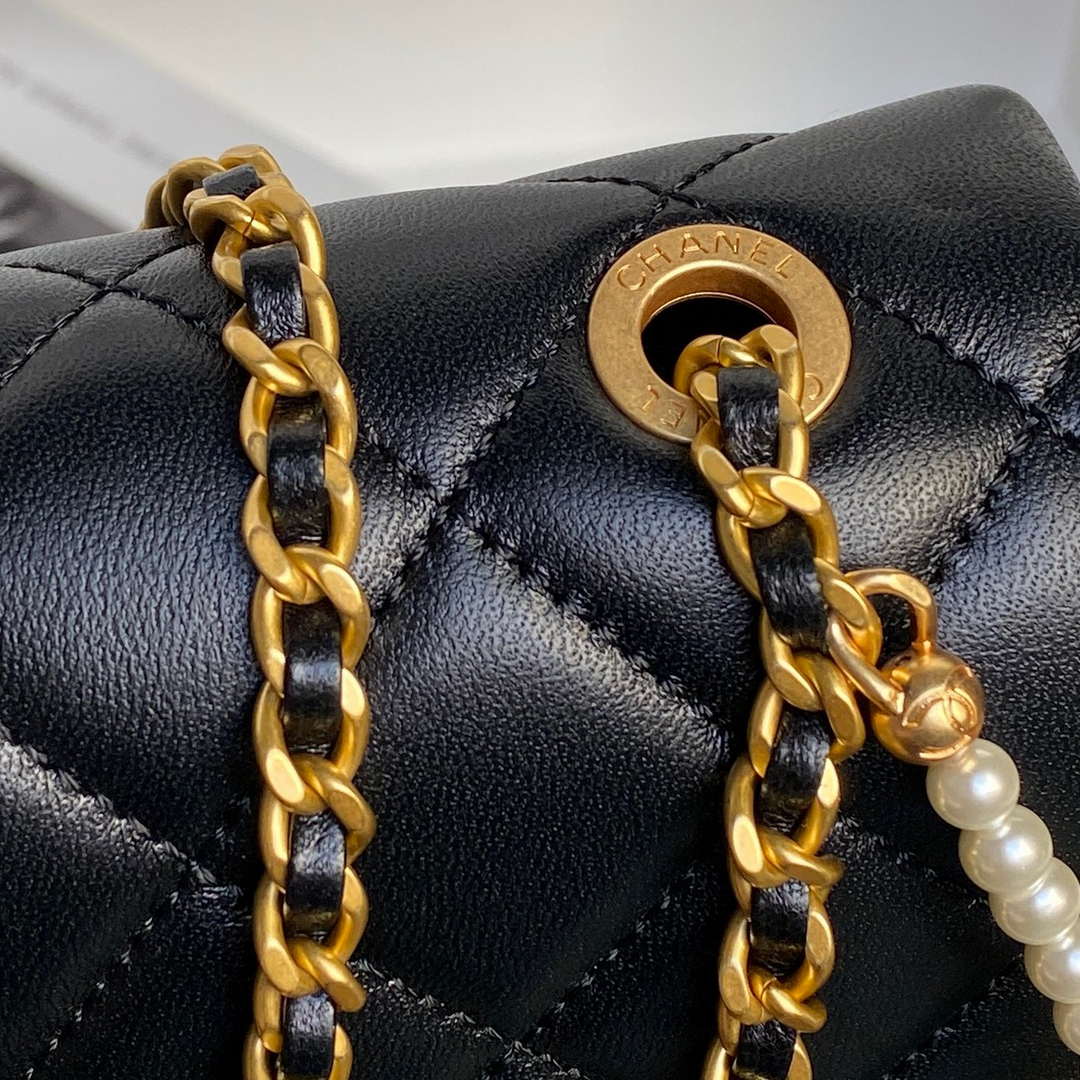 Chanel 25P AS5353 Flap Bag Shiny Lambskin  Imitation Pearls & Gold-Tone Metal Black - Default Title - View 4