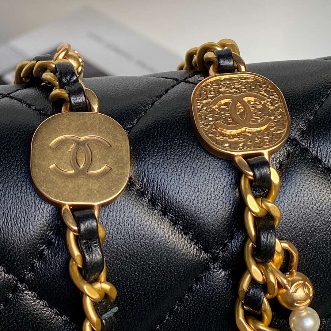 Chanel 25P AS5353 Flap Bag Shiny Lambskin  Imitation Pearls & Gold-Tone Metal Black - Default Title - View 5