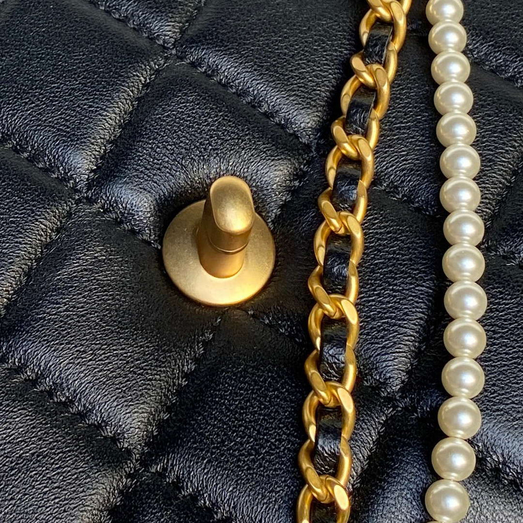 Chanel 25P AS5353 Flap Bag Shiny Lambskin  Imitation Pearls & Gold-Tone Metal Black