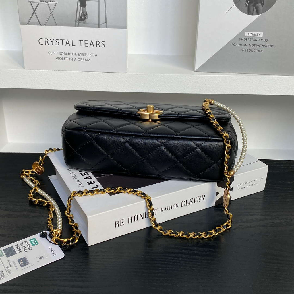 Chanel 25P AS5353 Flap Bag Shiny Lambskin  Imitation Pearls & Gold-Tone Metal Black