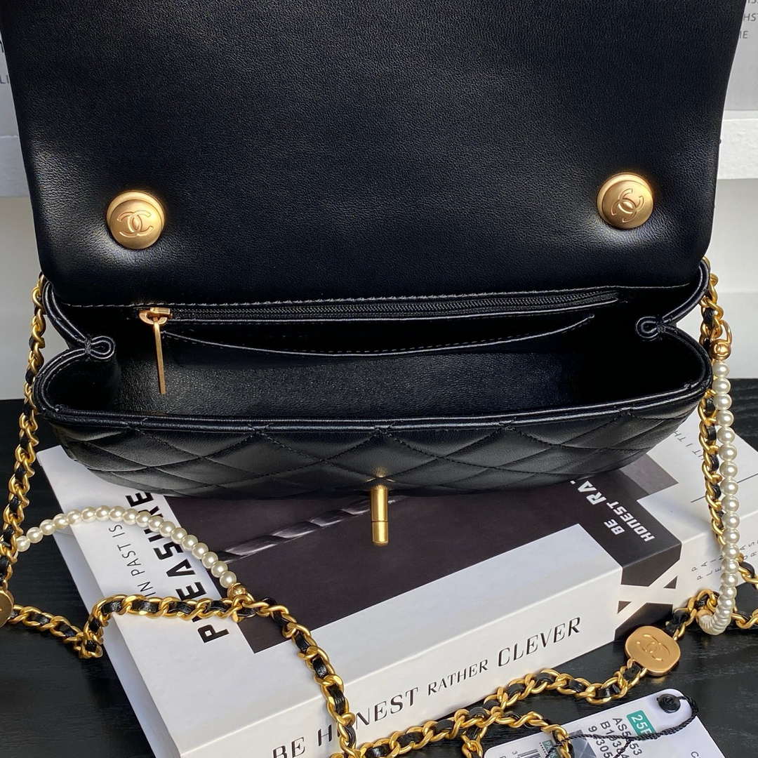 Chanel 25P AS5353 Flap Bag Shiny Lambskin  Imitation Pearls & Gold-Tone Metal Black - Default Title - View 8
