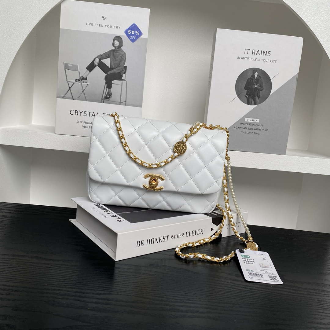 Chanel 25P AS5353 Flap Bag Shiny Lambskin  Imitation Pearls & Gold-Tone Metal White - Default Title - View 1