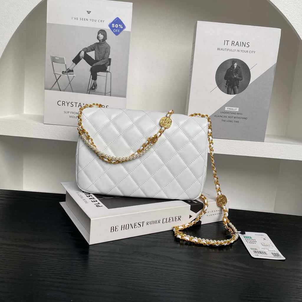 Chanel 25P AS5353 Flap Bag Shiny Lambskin  Imitation Pearls & Gold-Tone Metal White