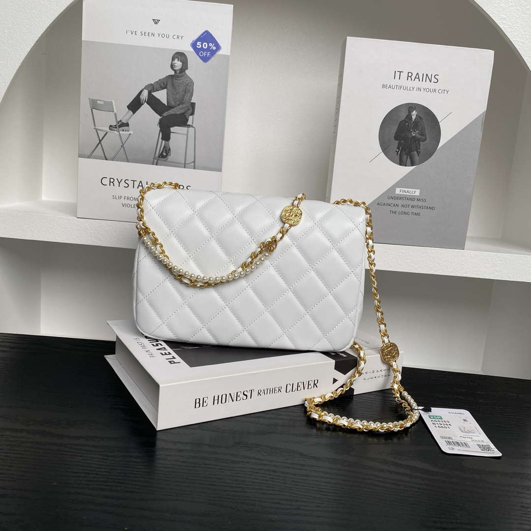 Chanel 25P AS5353 Flap Bag Shiny Lambskin  Imitation Pearls & Gold-Tone Metal White
