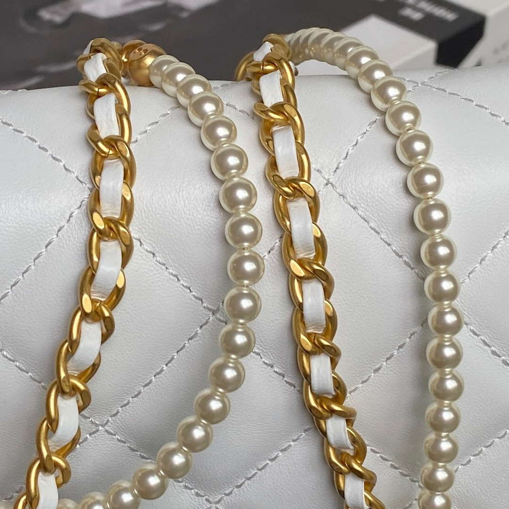 Chanel 25P AS5353 Flap Bag Shiny Lambskin  Imitation Pearls & Gold-Tone Metal White