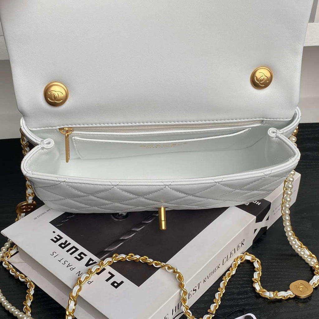 Chanel 25P AS5353 Flap Bag Shiny Lambskin  Imitation Pearls & Gold-Tone Metal White