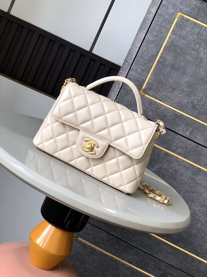 Chanel 25P AS5355 Small Flap Bag With Top Handle Apricot Lambskin - Default Title - View 1