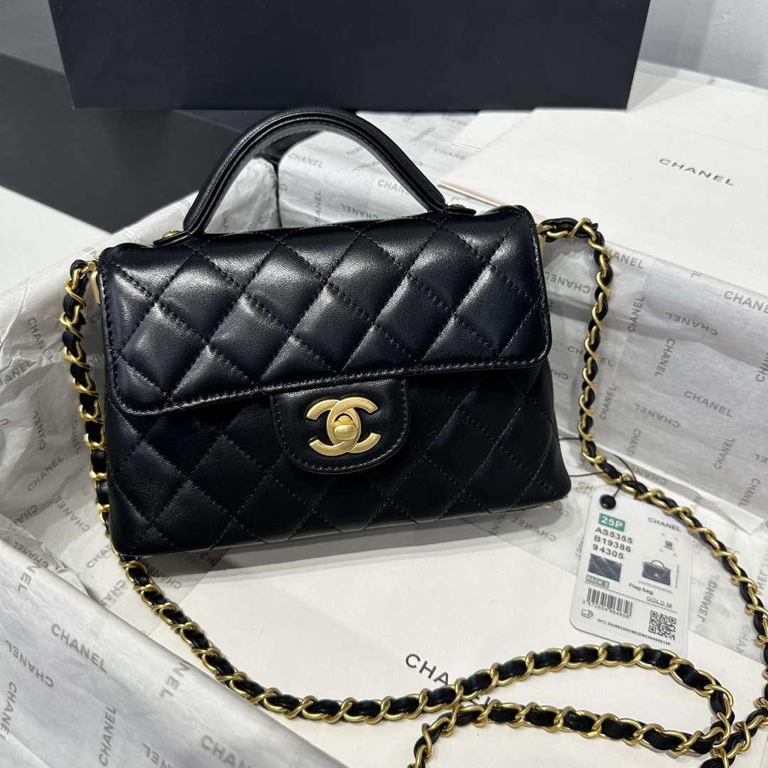 Chanel 25P AS5355 Small Flap Bag With Top Handle Black Lambskin - Default Title - View 1