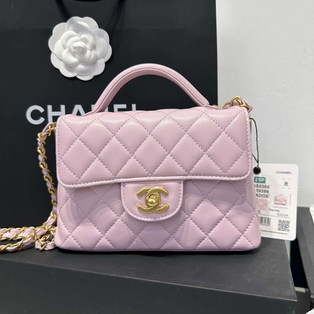 Chanel 25P AS5355 Small Flap Bag With Top Handle Pink Lambskin - Default Title - View 7