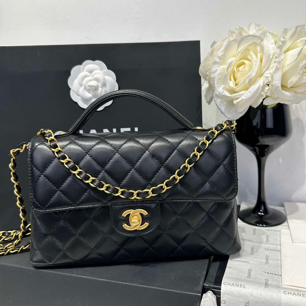 Chanel 25P AS5356 Meduim Flap Bag With Top Handle Black Lambskin