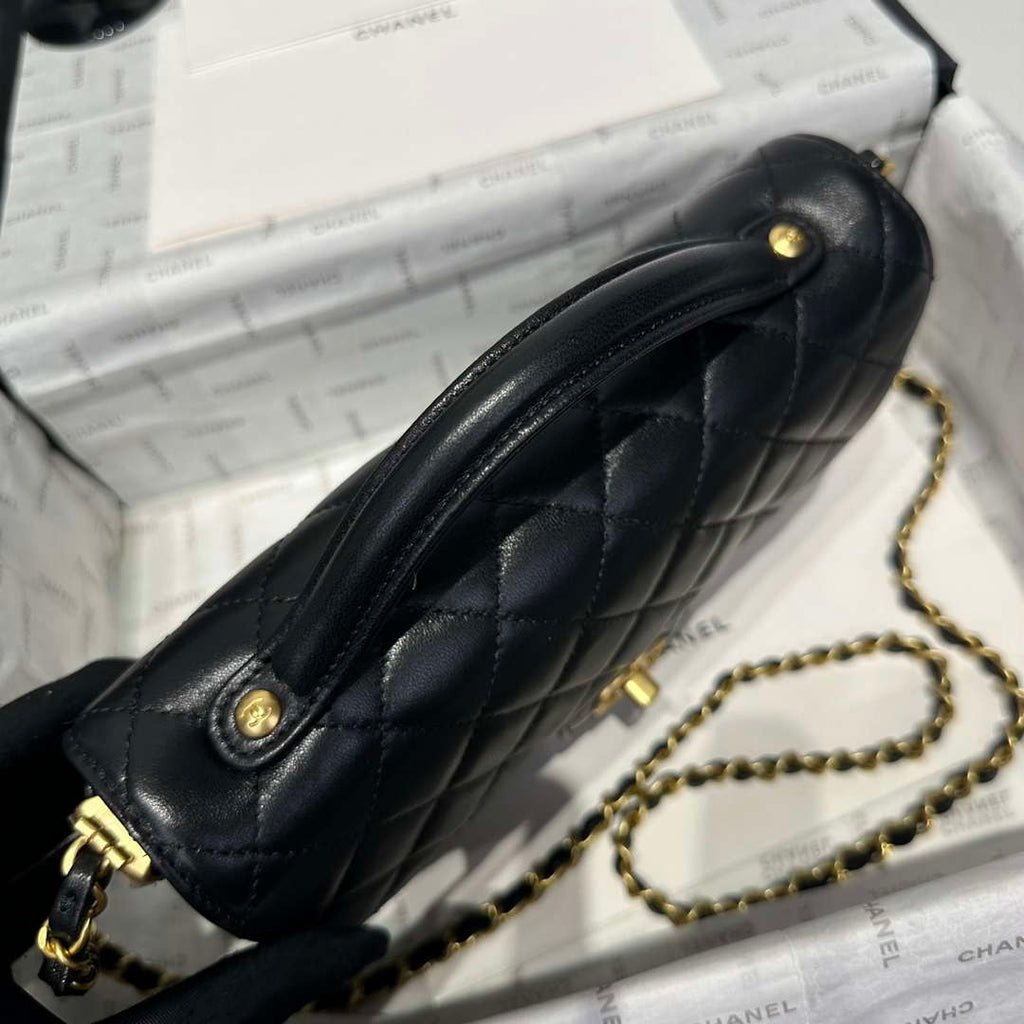 Chanel 25P AS5356 Meduim Flap Bag With Top Handle Black Lambskin