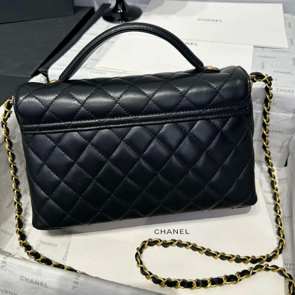 Chanel 25P AS5356 Meduim Flap Bag With Top Handle Black Lambskin