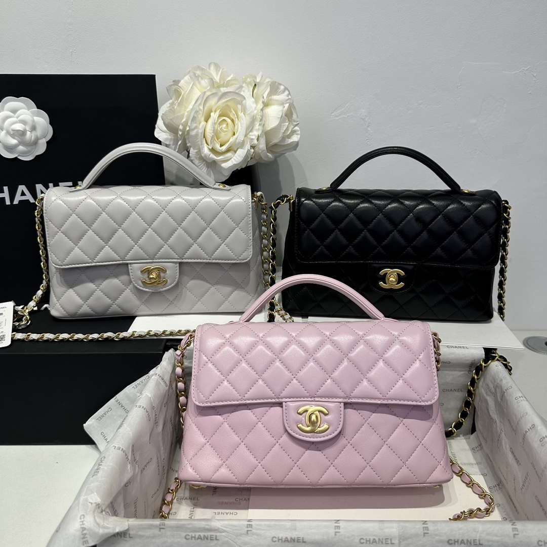 Chanel 25P AS5356 Meduim Flap Bag With Top Handle Gray Lambskin