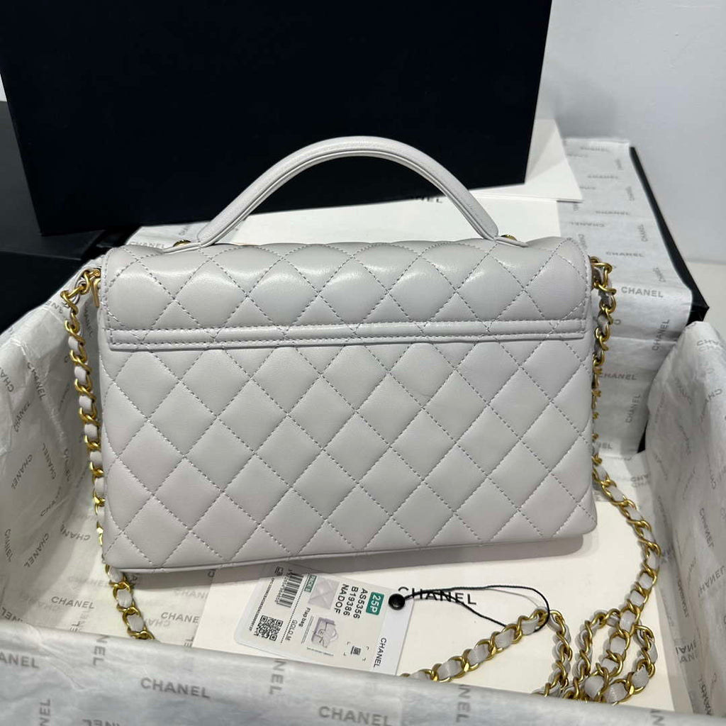Chanel 25P AS5356 Meduim Flap Bag With Top Handle Gray Lambskin