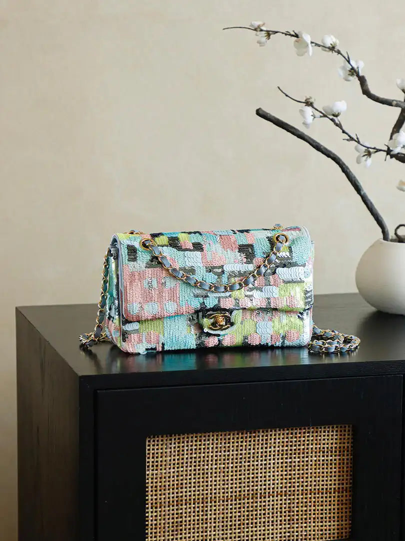 Chanel 25S A01112  Evening Bag Lambskin Blue & Pink sequins