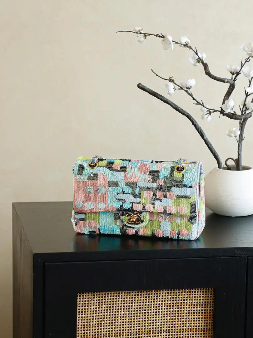 Chanel 25S A01112  Evening Bag Lambskin Blue & Pink sequins